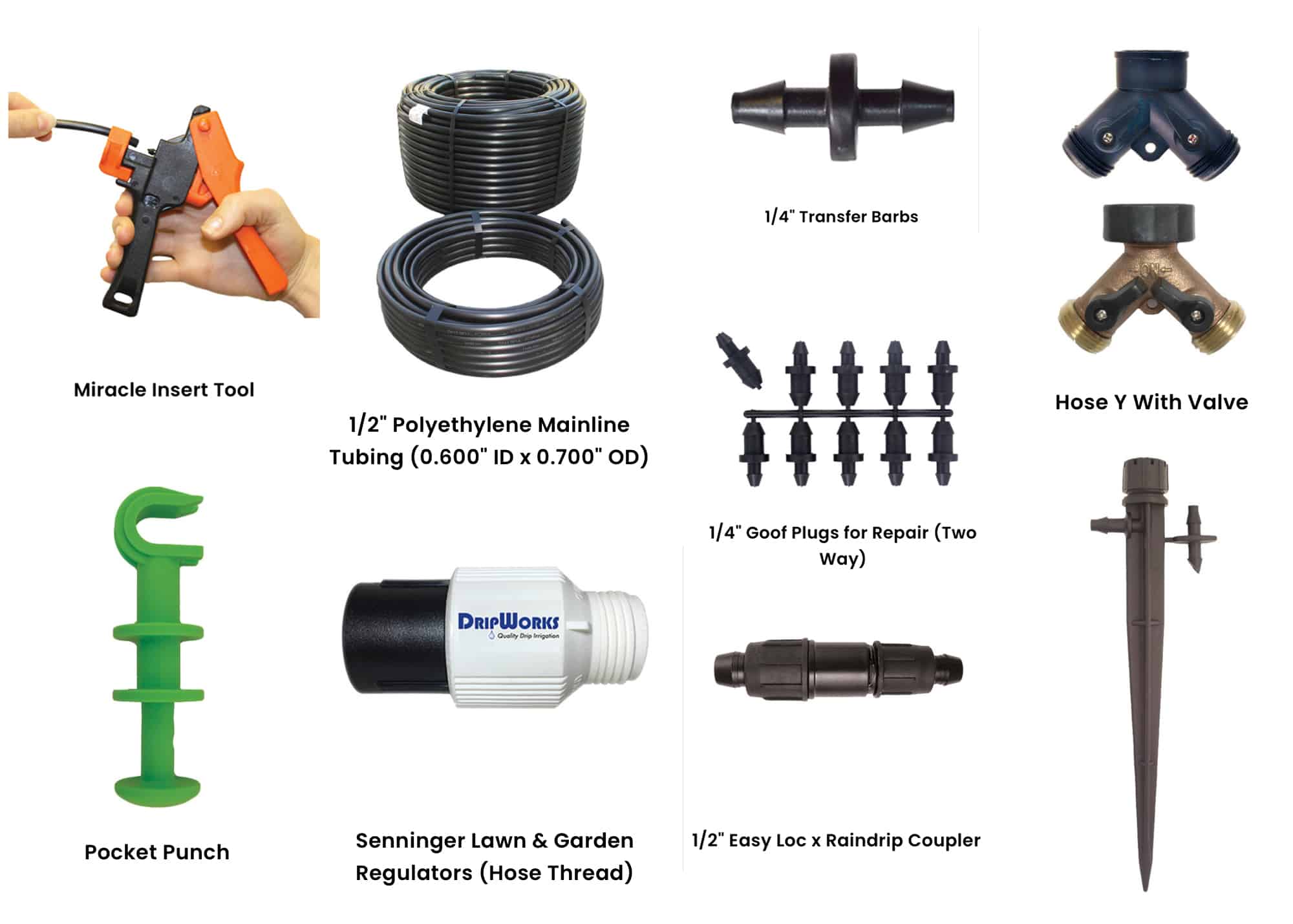 Drip system components. Composite photos courtesy of Dripworks.