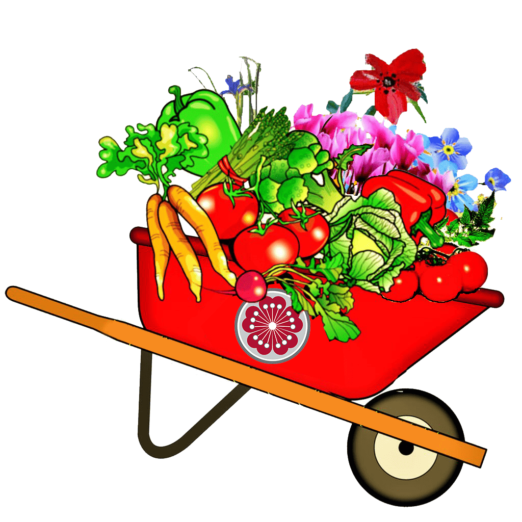 Plant Fair Wheelbarrow full of vegetables and flowers; logo; graphic; transparent