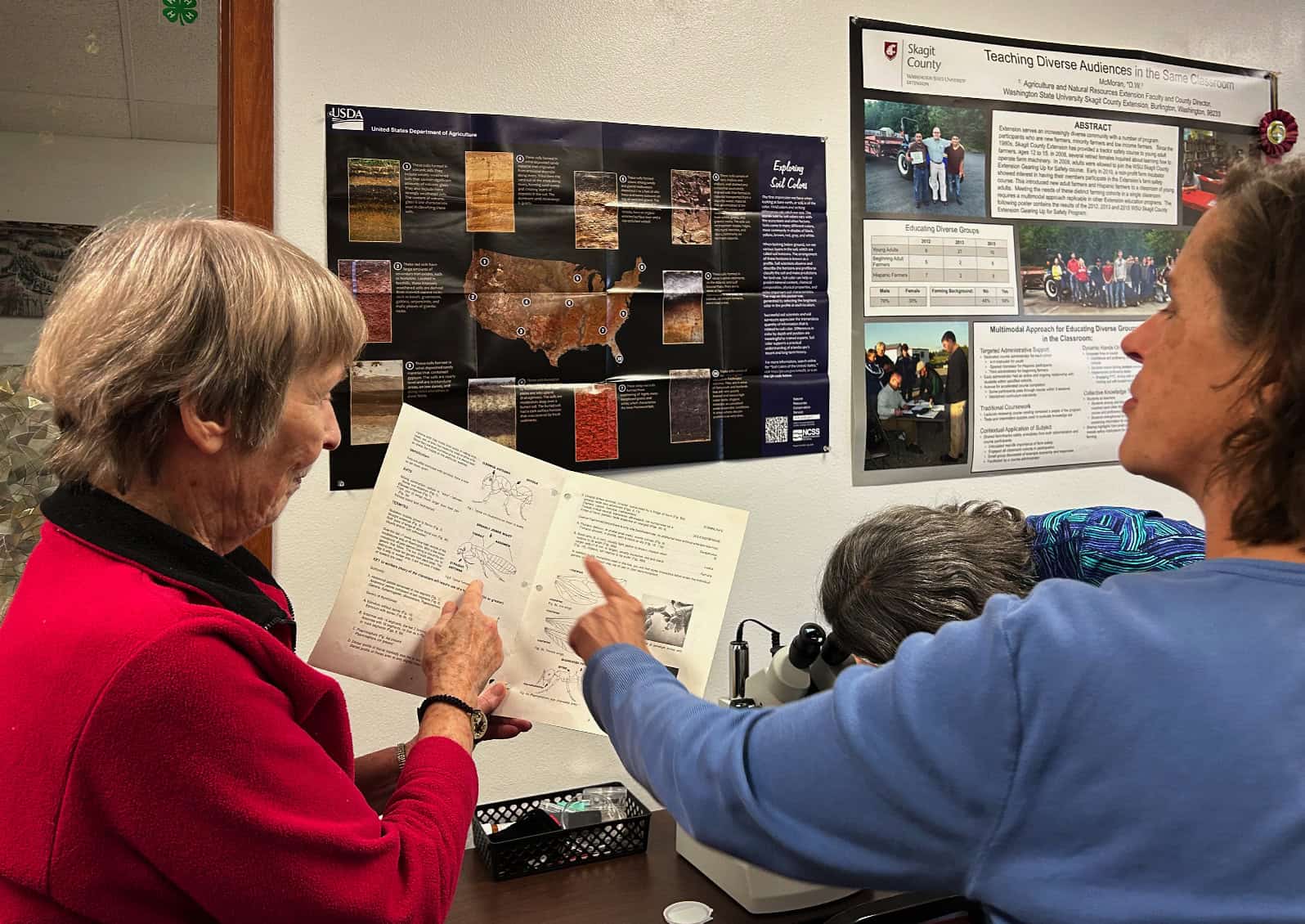 person pointing to identifying characteristics of ant