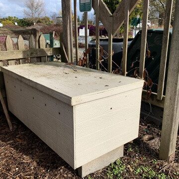 The worm bin at the Discovery Garden sits outside year around, under the shade protection. Photo by Ginny Bode / Skagit County WSU Extension Master Gardeners

