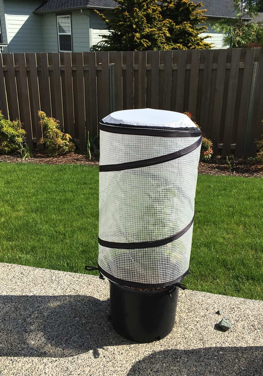 This cover stores flat and pops up to form a cylinder around a container or a plant to keep it warm and protect against the wind.  The top mesh unzips for ventilation and rainfall. Photo © Hallie Kintner